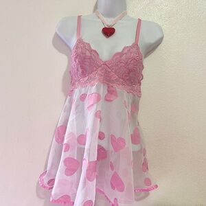 VTG Shirley of Hollywood Heart Print y2k Lace Babydoll